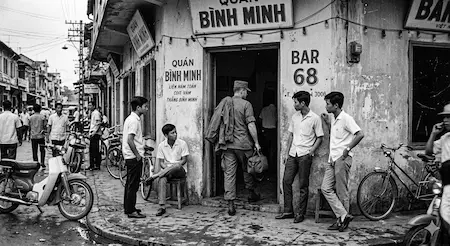 A gritty black and white historical representation of an American GI entering a discreet male venue in 1960s Saigon